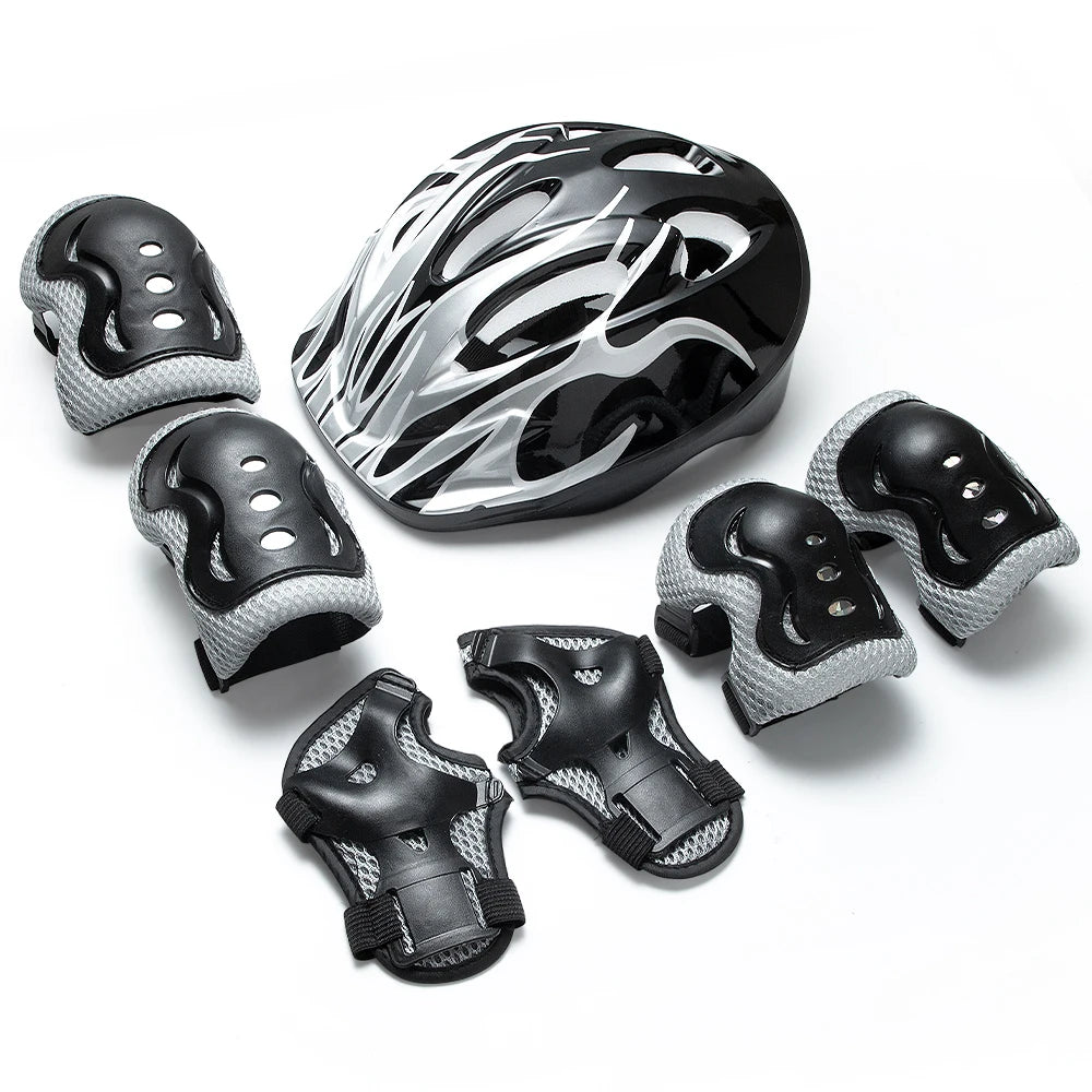 Kinder Schutzausrüstung 7-teilig – Helm + Knie- & Ellbogenschoner + Handgelenkschutz für Skateboard, Fahrrad & Roller