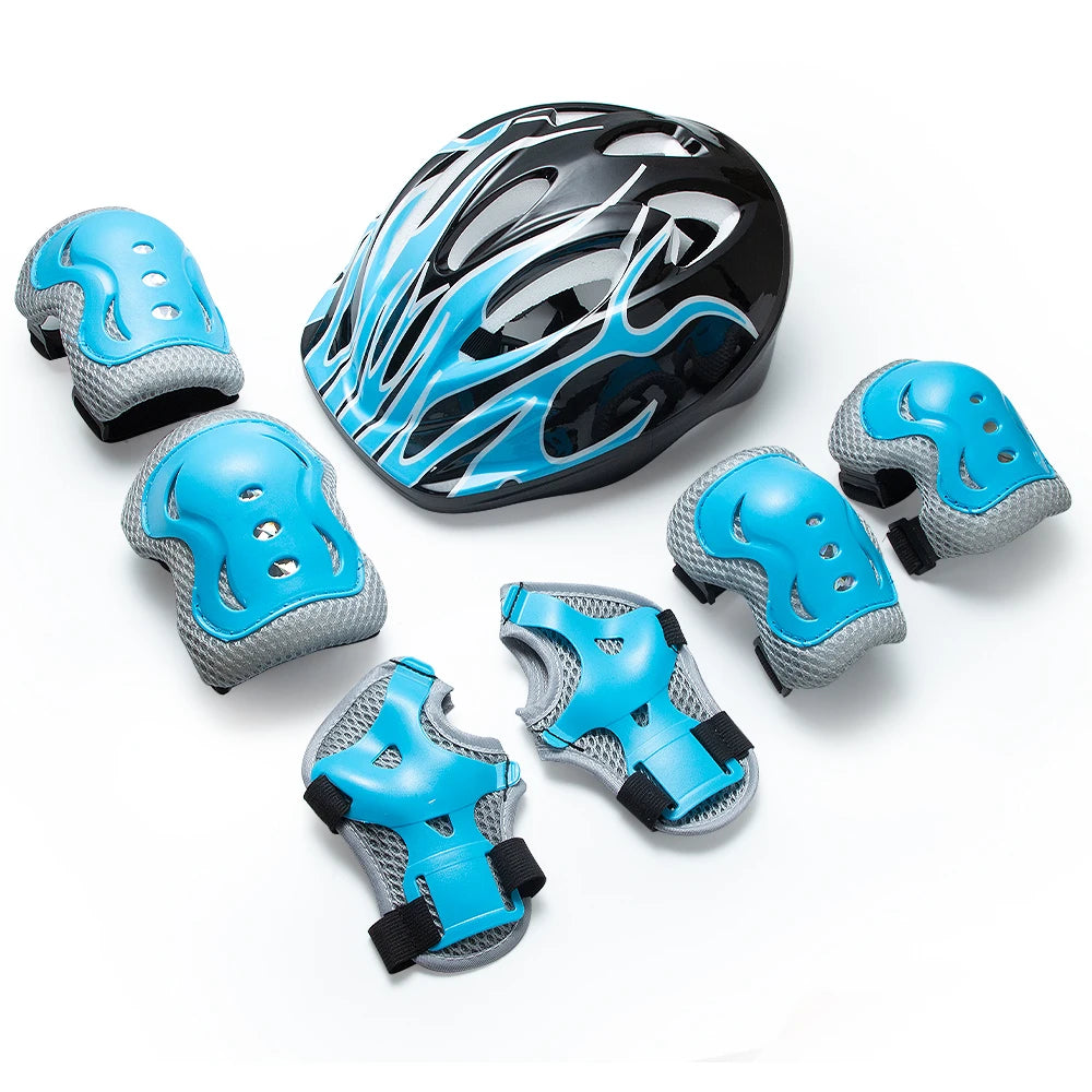 Kinder Schutzausrüstung 7-teilig – Helm + Knie- & Ellbogenschoner + Handgelenkschutz für Skateboard, Fahrrad & Roller