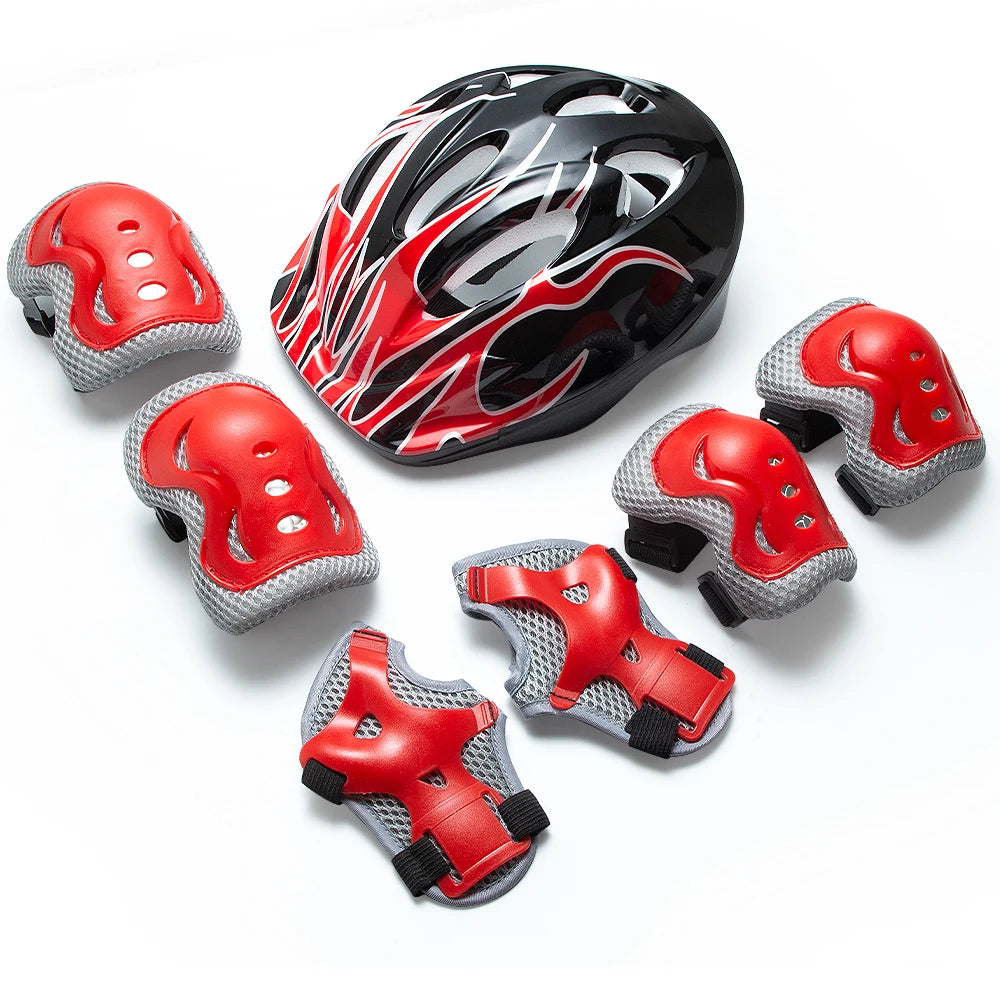 Kinder Schutzausrüstung 7-teilig – Helm + Knie- & Ellbogenschoner + Handgelenkschutz für Skateboard, Fahrrad & Roller