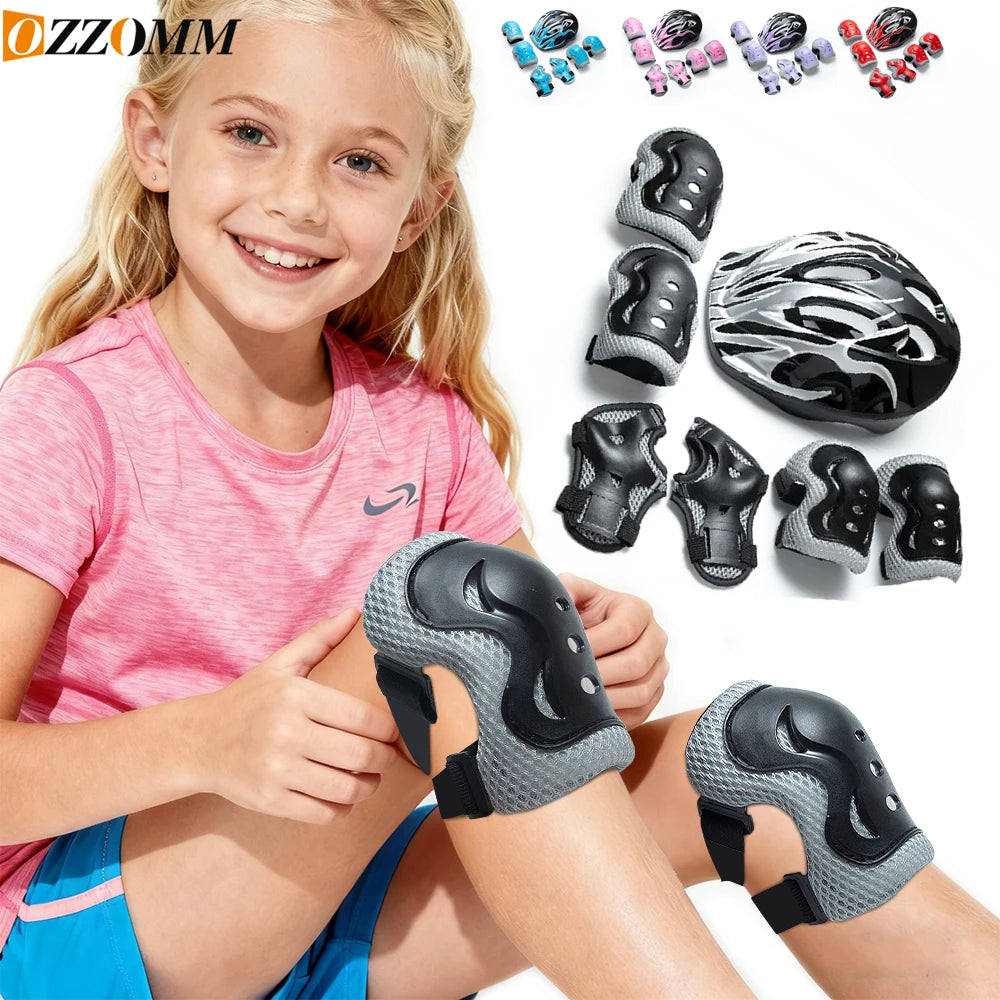 Kinder Schutzausrüstung 7-teilig – Helm + Knie- & Ellbogenschoner + Handgelenkschutz für Skateboard, Fahrrad & Roller